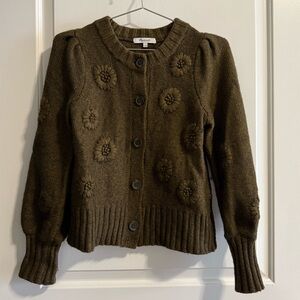 Madewell Dark Olive Green Cardigan Sweater with Flower Detail
